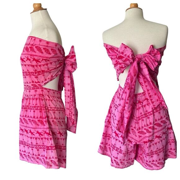 Vintage Java Wraps Pink Batik Sleeveless Romper with Bow - Medium - Picture 1 of 10